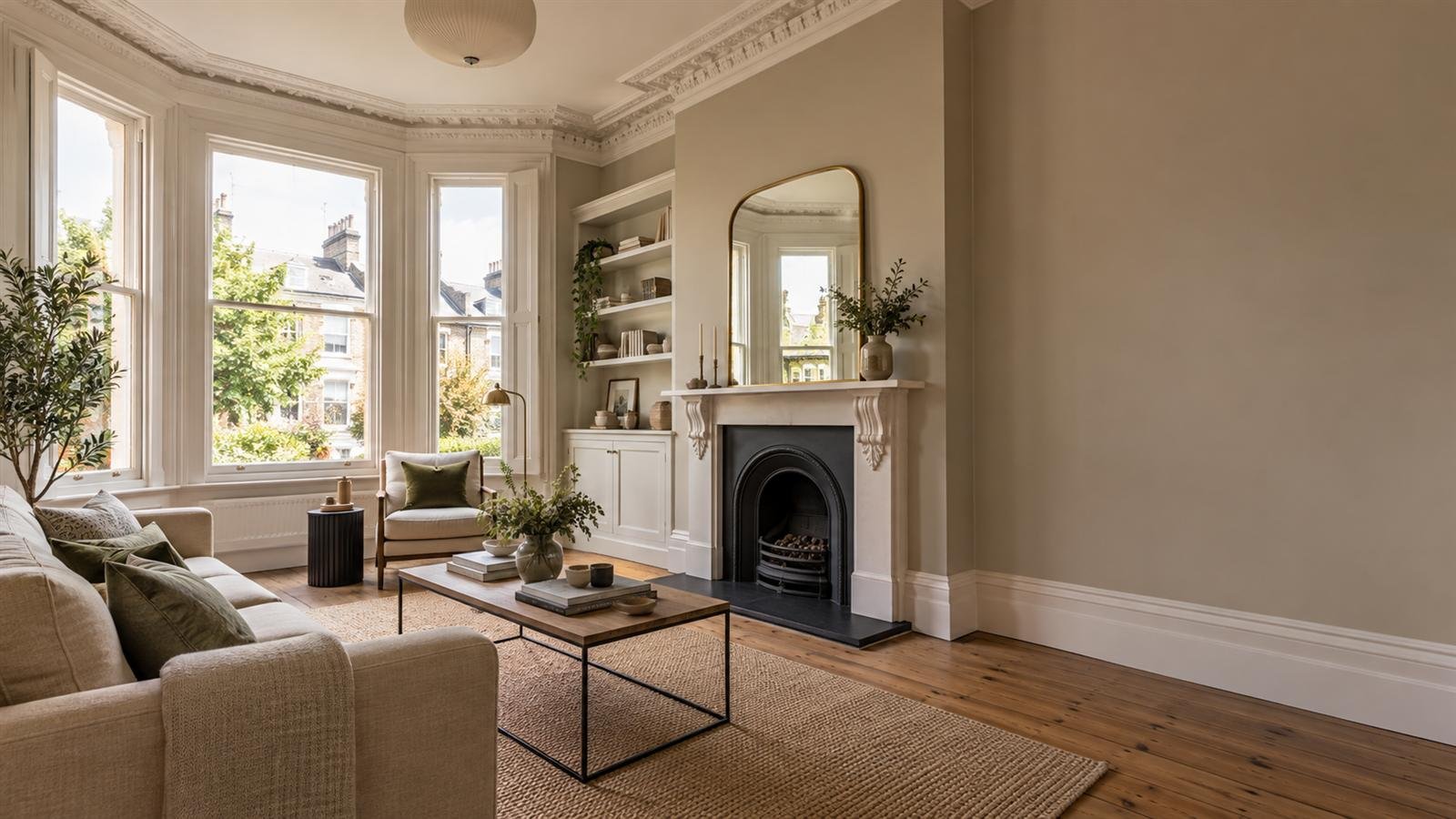 A Victorian reception room with a bay of sash windows, cornicing and a cast-iron fireplace, walls in a soft stone colour